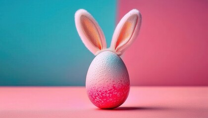 Fototapeta premium Whimsical Easter Egg with Bunny Ears Against a Pastel Gradient Background. Perfect for Festive Spring Designs, Holiday Greetings, Creative Marketing Campaigns, and Social Media Aesthetic Posts
