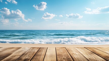 Fototapeta premium Empty wood table top with beach and blue sky background.