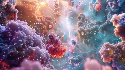 Detailed enzyme protein bond with floating particles