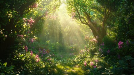 Fototapeta premium enchanted animestyle forest brimming with lush green plants whimsical trees and vibrant flowers bathed in ethereal light inviting viewers into a magical realm of fantasy and wonder