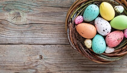 Obraz premium Vibrant Easter Egg Nest on Rustic Wooden Background. Perfect for Spring Decor Inspiration, Easter Celebrations, DIY Craft Ideas, Nature Themes, and Social Media Content Examples