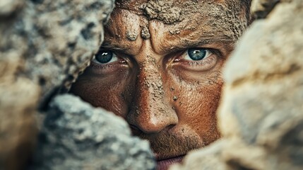 Obraz premium Close-up of a man's face with intense gaze and rugged texture amidst rocky surroundings