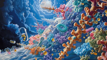 Detailed enzyme protein bond with floating particles