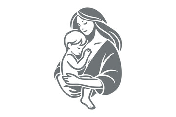 Minimalist black and white line art of mom hugging toddler son.  Vector illustration, logo, print, icon. Isolated object, cut out