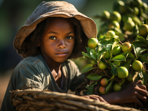girl works as a fruit picker at fruit plantation
