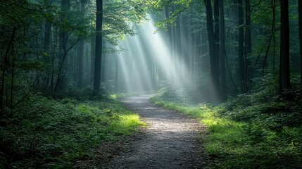 Obraz premium Misty forest pathway illuminated by dawn light in a tranquil woodland setting