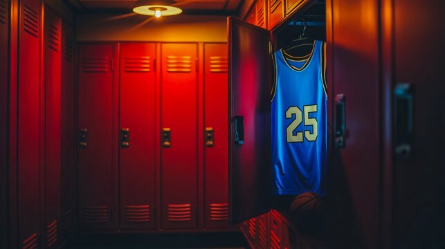 Locker Room, A solitary blue basketball jersey with the number 25 hangs from an open red locker in a dimly lit locker room.