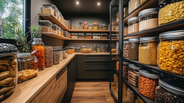 Maximizing efficient pantry space with ceiling-high storage in modern home organized content display inviting and functional environment