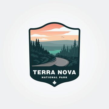 road in terra nova national park logo vector illustration design, canada nature outdoor travel logo .