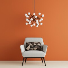 Modern Lounge Chair with Geometric Cushions Against Orange Wall and Unique Pendant Light Fixture for Stylish Interior Design