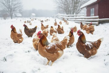 Brown hens snow-covered winter farm scene.