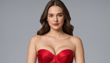 A woman wearing a red strapless bra.