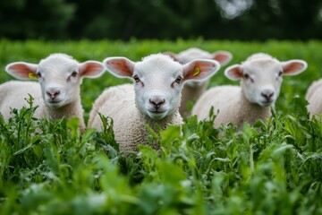 Obraz premium Three lambs graze in lush green pasture.