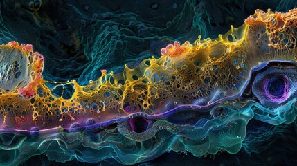 Vibrant 3D enzyme and protein interaction, glowing molecules, digital space