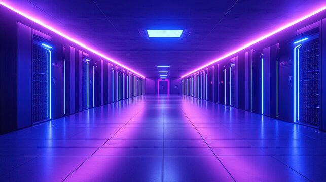 Rows of sleek black server racks illuminated by vibrant neon lights in a futuristic data center