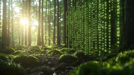 Digital Data Flows Through A Sunlit Forest