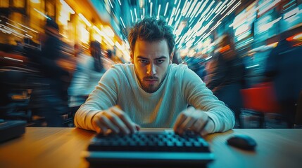 Obraz premium Close-up of an employee focused on work in a vibrant and dynamic office setting