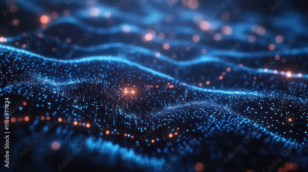 Poster blue binary code background with glowing lights and data flowing, technology concept