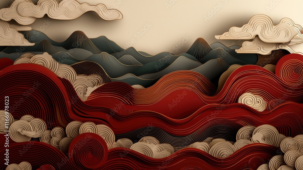 Aufkleber a vibrant paper art landscape featuring layered mountains and swirling clouds in rich reds and deep 