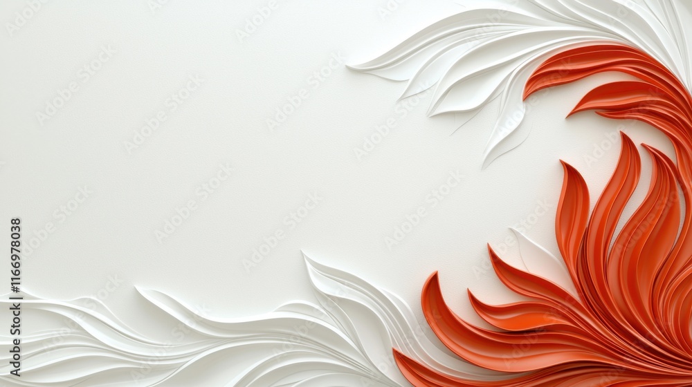 Poster a stylized design featuring flowing white and red shapes against a smooth background, creating an el