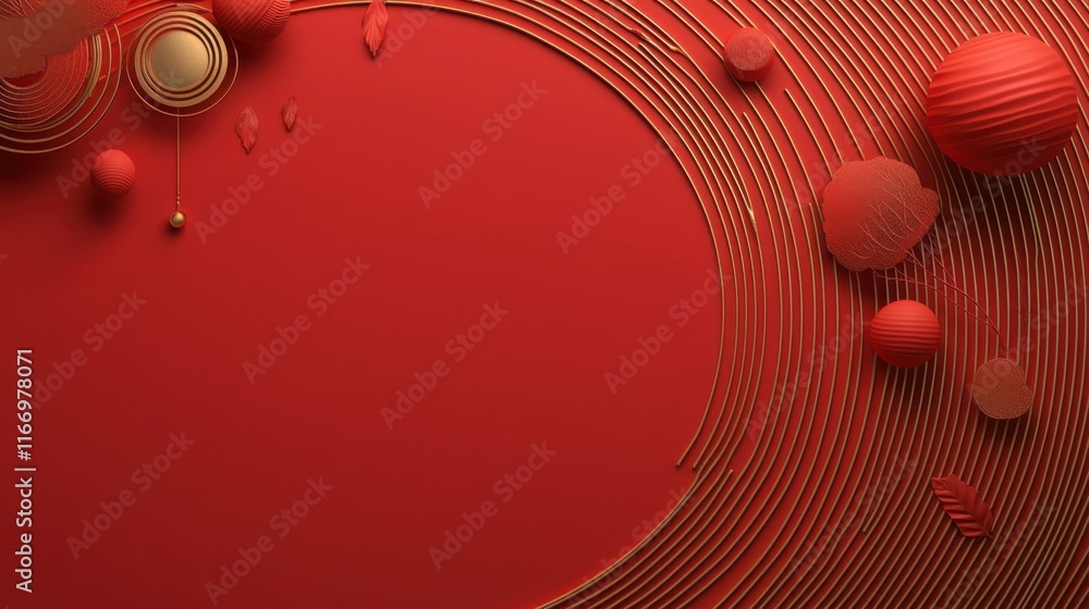 Poster a vibrant red background featuring circular shapes and lines, creating an abstract and modern design