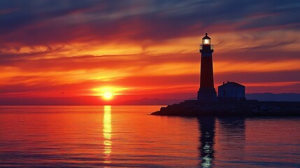 Eye-catching sunset illuminates lighthouse and tranquil waters in serene coastal landscape