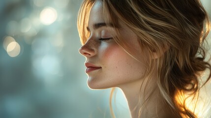 Close-up of a woman with soft natural light highlighting her facial features and peaceful expression