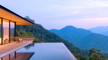Fototapeta premium Modern villa with infinity pool overlooking mountainous landscape.