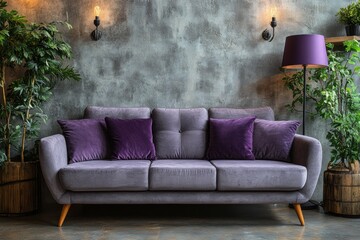 Stylish grey sofa with violet pillows and floor lamp modern living room home cozy environment wide angle view interior design concept