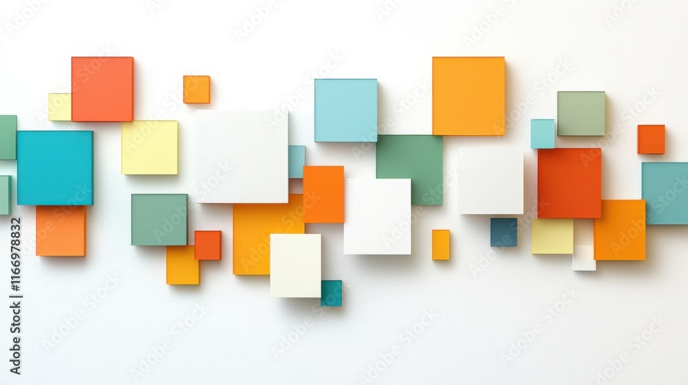 Poster a vibrant arrangement of colorful geometric shapes on a minimalist background, creating a dynamic an