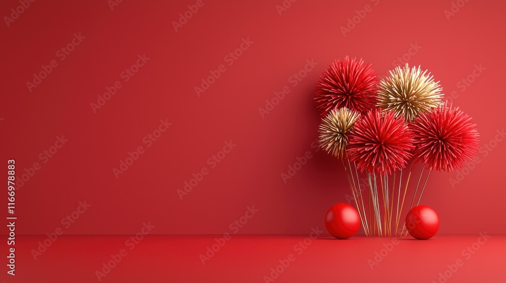 Poster a vibrant arrangement of red and gold decorative elements set against a matching red backdrop, creat