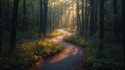 Obraz premium Winding path through lush woods illuminated by soft morning light near a tranquil forest
