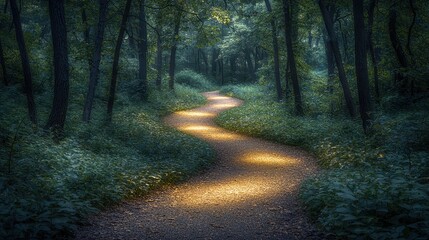 Fototapeta premium Winding path through dense woods invites quiet reflection on a soft evening light