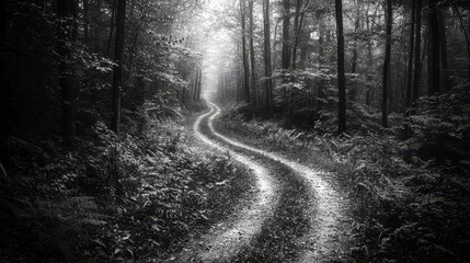Fototapeta premium Winding path through a misty forest inviting solitude and reflection in nature’s serene embrace