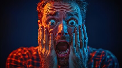 Man covers his face in shock and fear while expressing deep horror in a dramatically lit setting
