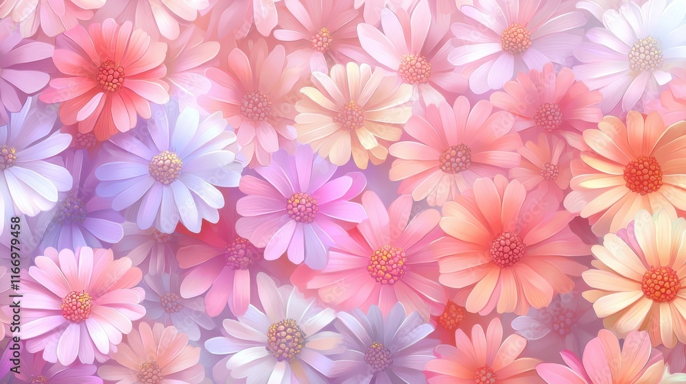Poster a vibrant array of soft pastel flowers, creating a dreamy and colorful floral background filled with