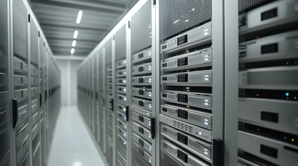 Sleek server room showcasing silver server racks organized neatly in a modern tech environment