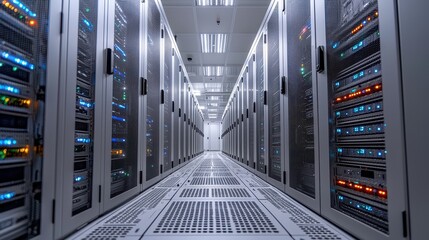 Modern server room featuring sleek silver racks with illuminated indicators and a bright white ambiance