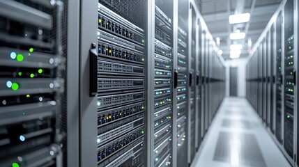 Modern server room showcasing silver server racks under bright artificial lighting