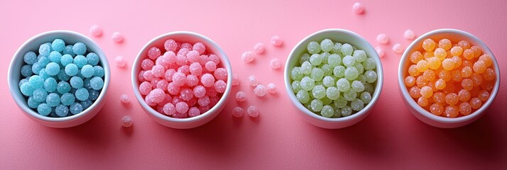 Vibrant bowls of sweet candies in pastel colors on a pink background for a delightful confectionery display