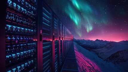 Vast server farm illuminated by colorful auroras in the night sky over a cold mountainous landscape