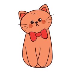 hand drawing cartoon cat wearing red bow. cute animal drawing, doodle for sticker and icon