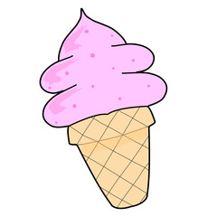 Vector illustration of an ice cream cartoon kawaii style, strawberry flavor in a cone. Sketch drawing of dessert.