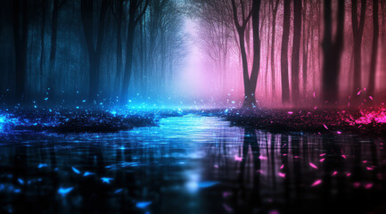 Obraz premium Explore the enchanting interplay of colors in a serene forest, where glowing blues and pinks illuminate the tranquil waters and trees, inviting a sense of wonder and calm.