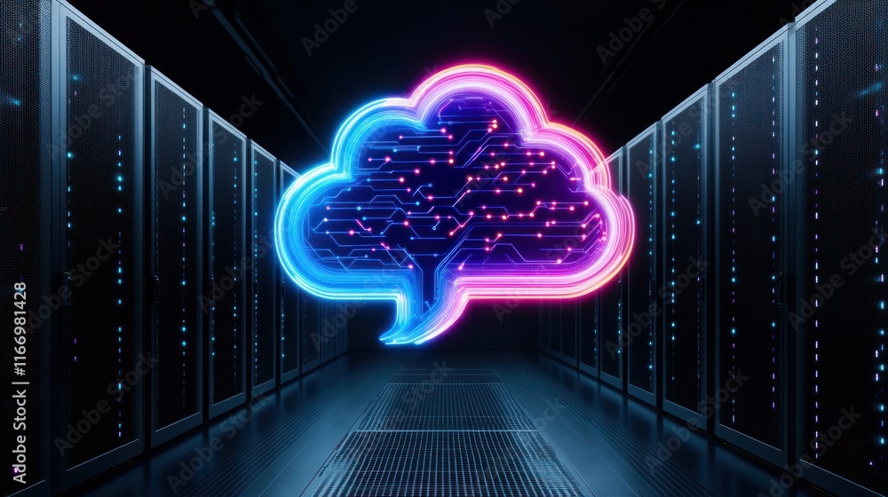 Poster futuristic cloud symbol with digital circuits in a server room.