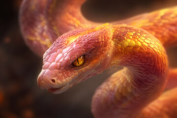 Fototapeta premium vibrant multicolored snake with intricate scales and striking golden eye, exuding mystical aura. Its unique texture and colors create captivating visual experience