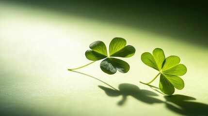Four-leaf green clover for good luck on St. Patrick's Day, bright green background, holiday concept of spring, plant clover symbol.