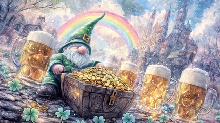 Whimsical gnome surrounded by gold coins, beer mugs, and a rainbow in a festive, magical landscape.