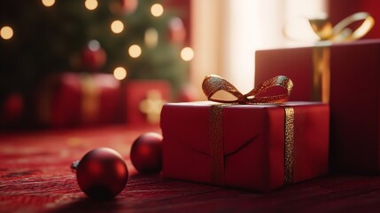 Red background with wrapped holiday gifts and ornaments