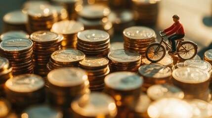 A miniature figure riding a bicycle with a health concept and looking for money for a stable economic wheel, is crossing piles of coins in front and behind him